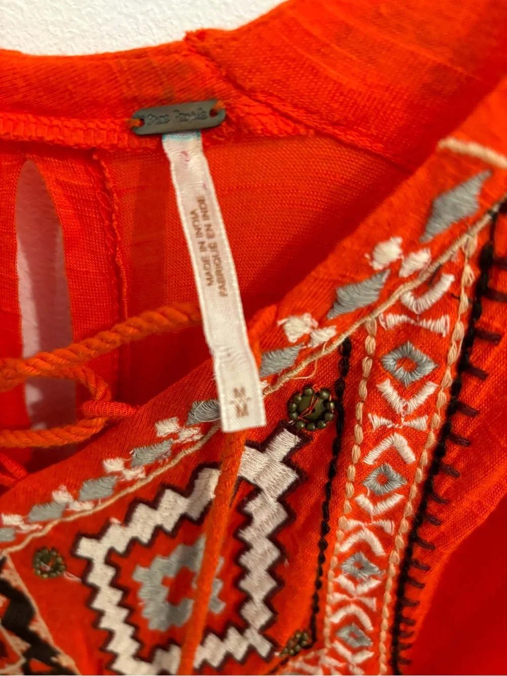 Free People Embroidered Bohemian Tassel Sleeveless Top Open Back Orange Women M
